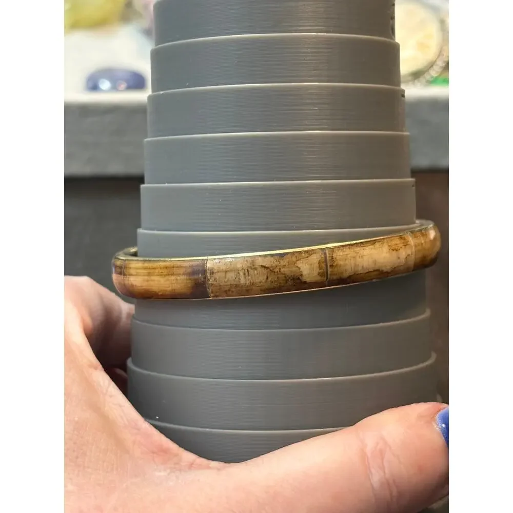 Vintage Bone Bangle Bracelet 18g Inlaid Bone With Brass Liner Size 8”